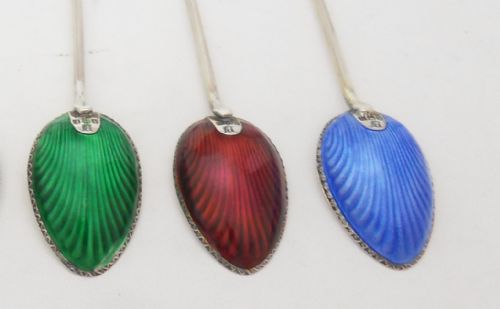SET OF 6 CASED ENAMELLED COFFEE SPOONS BIRMINGHAM 1930 - ADDITIONAL PHOTO 3