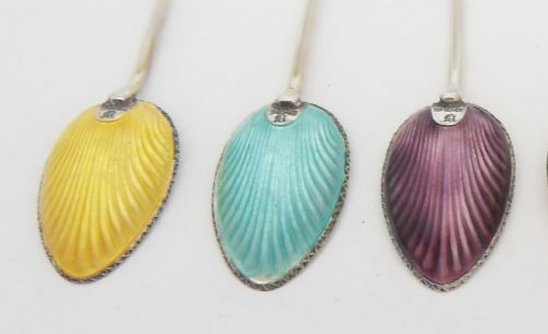 SET OF 6 CASED ENAMELLED COFFEE SPOONS BIRMINGHAM 1930 - ADDITIONAL PHOTO 4