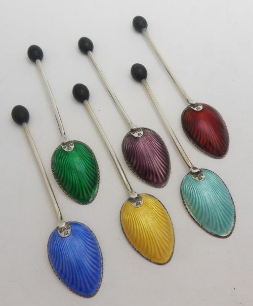 SET OF 6 CASED ENAMELLED COFFEE SPOONS BIRMINGHAM 1930 - ADDITIONAL PHOTO 12