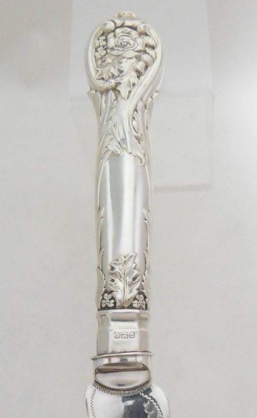 CASED EDWARDIAN SILVER HANDLE WEDDING CAKE KNIFE FEATURING SHAMROCK ROSE THISTLE - ADDITIONAL PHOTO 3
