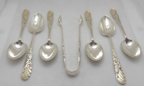 set of silver teaspoons sugar tongs walker hall sheffield 1907 - CATEGORY: ANTIQUE SILVER - DATED EDWARDIAN