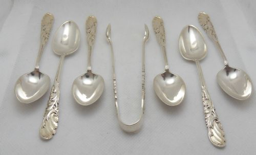 SET OF SILVER TEASPOONS SUGAR TONGS WALKER HALL SHEFFIELD 1907 - ADDITIONAL PHOTO 10