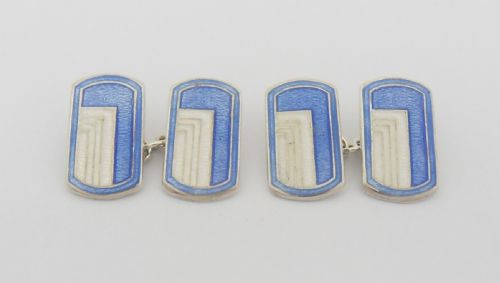 ART DECO SILVER BLUE WHITE ENAMELLED CUFFLINKS - ADDITIONAL PHOTO 1