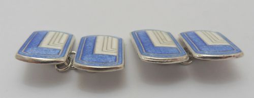 ART DECO SILVER BLUE WHITE ENAMELLED CUFFLINKS - ADDITIONAL PHOTO 5