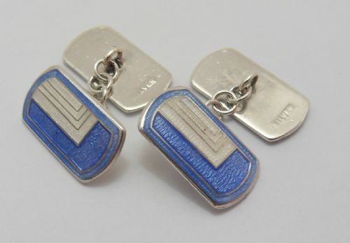 ART DECO SILVER BLUE WHITE ENAMELLED CUFFLINKS - ADDITIONAL PHOTO 8