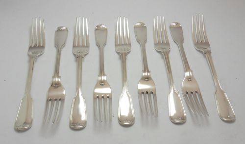 victorian set of 9 silver dessert forks fiddle thread - CATEGORY: ANTIQUE SILVER - DATED VICTORIAN