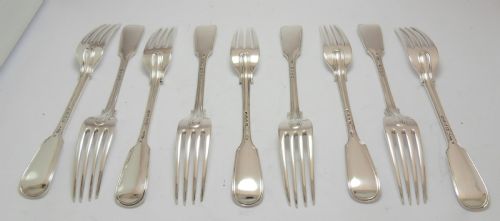 VICTORIAN SET OF 9 SILVER DESSERT FORKS FIDDLE THREAD - ADDITIONAL PHOTO 3