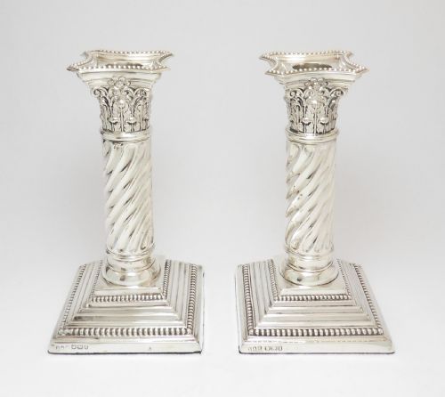 pair of victorian silver corinthian twisted column candlesticks sheffield 1894 standing 6 34 inches - CATEGORY: ANTIQUE SILVER - DATED VICTORIAN