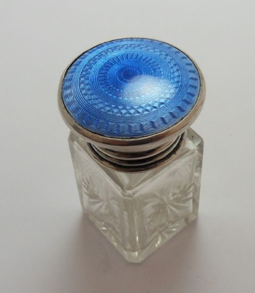 cut glass silver topped blue enamel scent bottle london 1929 - CATEGORY: ANTIQUE SILVER - DATED 1930