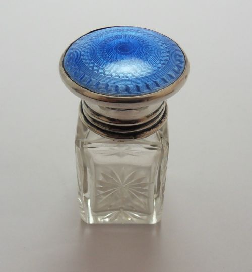 CUT GLASS SILVER TOPPED BLUE ENAMEL SCENT BOTTLE LONDON 1929 - ADDITIONAL PHOTO 1
