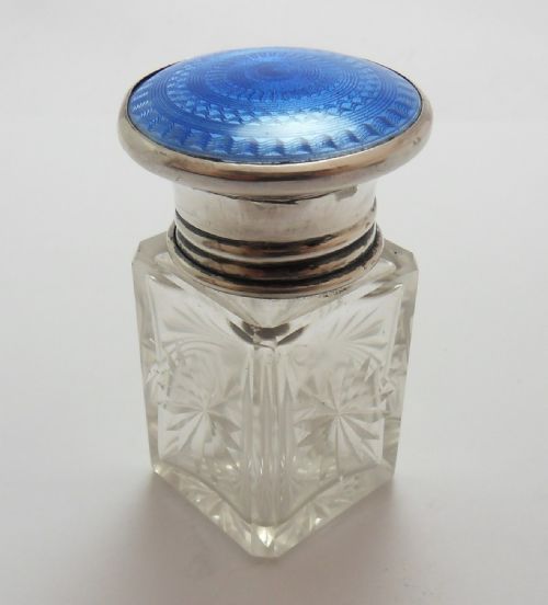 CUT GLASS SILVER TOPPED BLUE ENAMEL SCENT BOTTLE LONDON 1929 - ADDITIONAL PHOTO 2