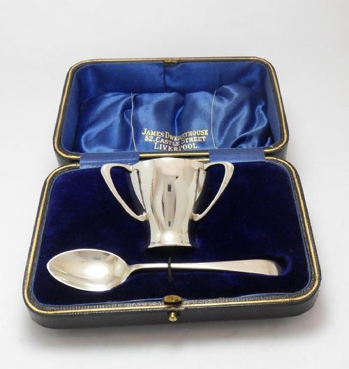 unusual edwardian cased silver tyg egg cup spoon - CATEGORY: ANTIQUE SILVER - DATED EDWARDIAN