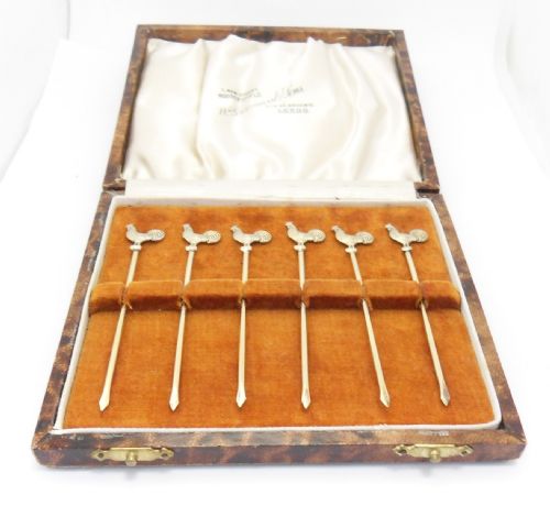 CASED SET OF 6 ART DECO COCKEREL COCKTAIL STICKS - ADDITIONAL PHOTO 1
