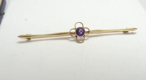 lovely edwardian amethyst set 15ct gold bar brooch - CATEGORY: ANTIQUE JEWELLERY - DATED EDWARDIAN