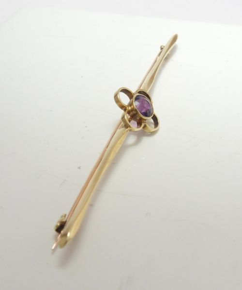 LOVELY EDWARDIAN AMETHYST SET 15CT GOLD BAR BROOCH - ADDITIONAL PHOTO 3