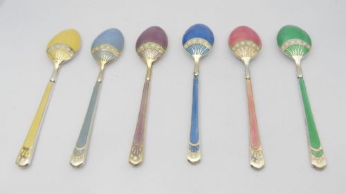 set of silver enamel cased coffee spoons birmingham 1957 - CATEGORY: ANTIQUE SILVER - DATED 1950