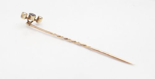 ANTIQUE 15CT GOLD SAPPHIRE PEARL STICK PIN - ADDITIONAL PHOTO 5