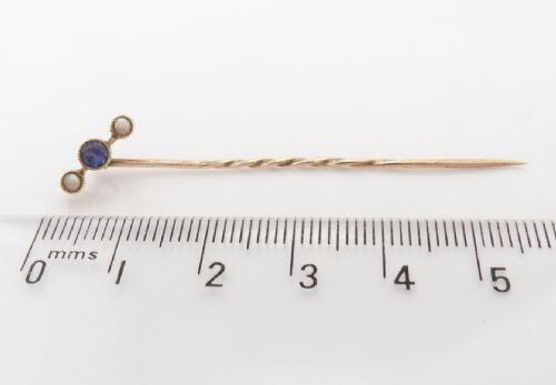 ANTIQUE 15CT GOLD SAPPHIRE PEARL STICK PIN - ADDITIONAL PHOTO 6
