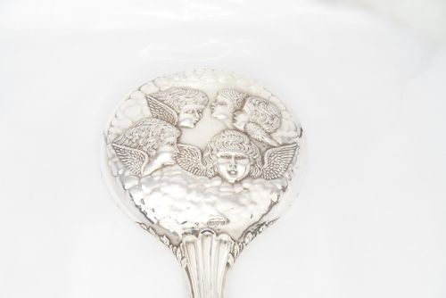 EDWARDIAN REYNOLD'S ANGELS HAND HELD SILVER MIRROR - ADDITIONAL PHOTO 11