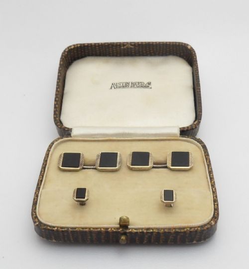 pair of art deco cufflinks and shirt studs marked 14ct silver with austin reed box - CATEGORY: ANTIQUE JEWELLERY - DATED 1930