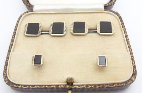 PAIR OF ART DECO CUFFLINKS AND SHIRT STUDS MARKED 14CT SILVER WITH AUSTIN REED BOX - ADDITIONAL PHOTO 1