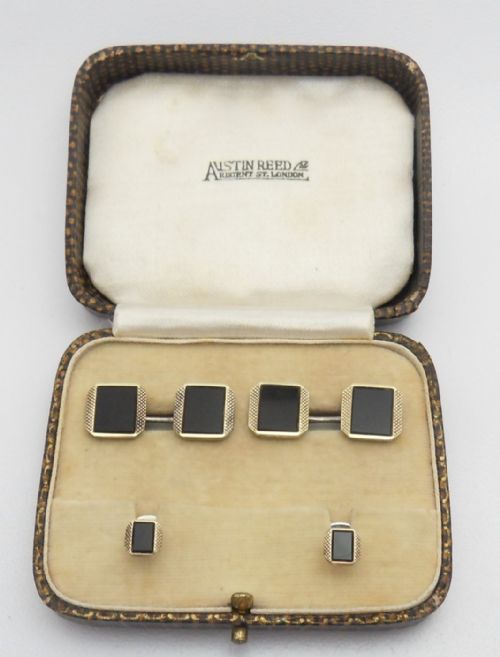 PAIR OF ART DECO CUFFLINKS AND SHIRT STUDS MARKED 14CT SILVER WITH AUSTIN REED BOX - ADDITIONAL PHOTO 2