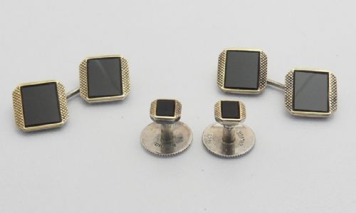 PAIR OF ART DECO CUFFLINKS AND SHIRT STUDS MARKED 14CT SILVER WITH AUSTIN REED BOX - ADDITIONAL PHOTO 3