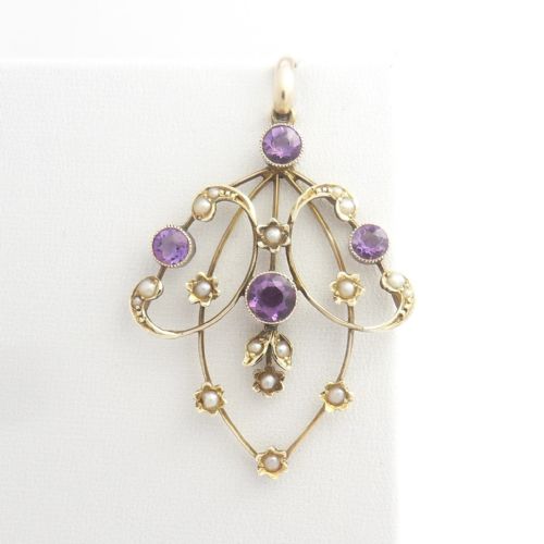 art nouveau 9ct gold amethyst seed pearl pendant - CATEGORY: ANTIQUE JEWELLERY - DATED VICTORIAN