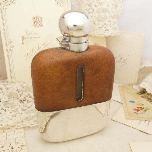 edwardian silver glass leather hip flask sheff' 1904 - CATEGORY: ANTIQUE SILVER - DATED EDWARDIAN