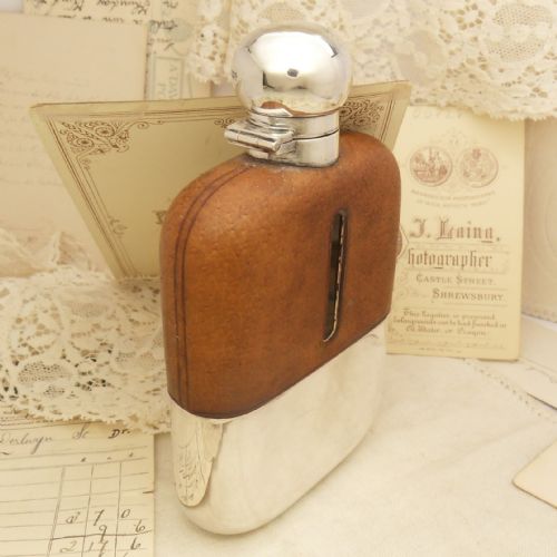 EDWARDIAN SILVER GLASS LEATHER HIP FLASK SHEFF' 1904 - ADDITIONAL PHOTO 1