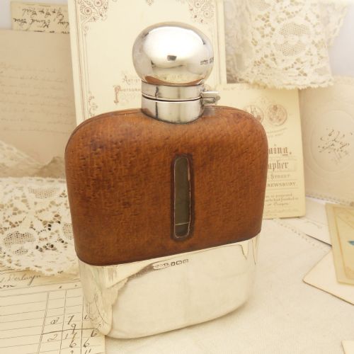EDWARDIAN SILVER GLASS LEATHER HIP FLASK SHEFF' 1904 - ADDITIONAL PHOTO 3