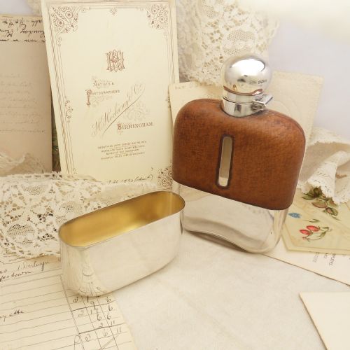 EDWARDIAN SILVER GLASS LEATHER HIP FLASK SHEFF' 1904 - ADDITIONAL PHOTO 4