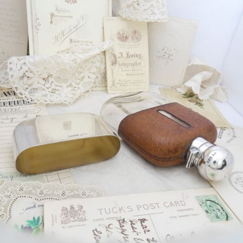 EDWARDIAN SILVER GLASS LEATHER HIP FLASK SHEFF' 1904 - ADDITIONAL PHOTO 5
