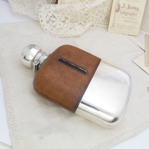 EDWARDIAN SILVER GLASS LEATHER HIP FLASK SHEFF' 1904 - ADDITIONAL PHOTO 8