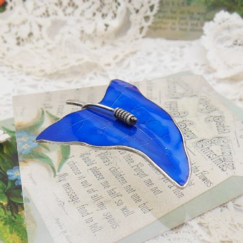 STUNNING NORWEGIAN SILVER BLUE ENAMEL LEAF BROOCH BY OF HJORTDAHL C1960S - ADDITIONAL PHOTO 1