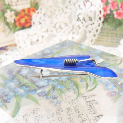 STUNNING NORWEGIAN SILVER BLUE ENAMEL LEAF BROOCH BY OF HJORTDAHL C1960S - ADDITIONAL PHOTO 4