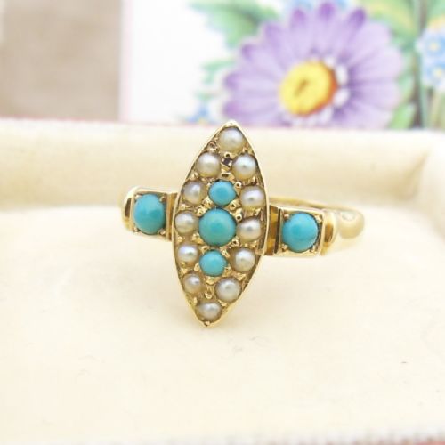 CAPTIVATING VICTORIAN 18CT GOLD TURQUOISE SEED PEARL RING BIRMINGHAM 1899 - ADDITIONAL PHOTO 7