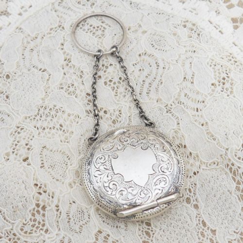 silver powder compact original puff finger chain birm' 1916 - CATEGORY: ANTIQUE SILVER - DATED 1910