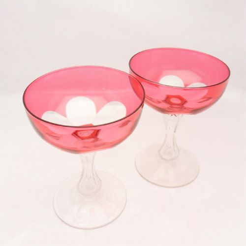 beautiful pair of antique cranberry glass champagne saucers with faceted hourglass stems - CATEGORY: ANTIQUE GLASS - DATED EDWARDIAN