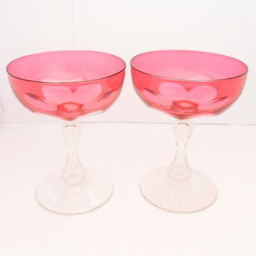 BEAUTIFUL PAIR OF ANTIQUE CRANBERRY GLASS CHAMPAGNE SAUCERS WITH FACETED HOURGLASS STEMS - ADDITIONAL PHOTO 2
