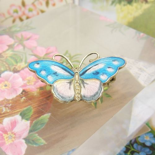 VINTAGE SILVER GILT BLUE PINK ENAMELLED BUTTERFLY BROOCH BY NORWEGIAN DESIGNER HROAR PRYDZ - ADDITIONAL PHOTO 1