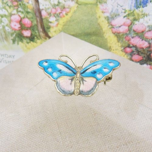 VINTAGE SILVER GILT BLUE PINK ENAMELLED BUTTERFLY BROOCH BY NORWEGIAN DESIGNER HROAR PRYDZ - ADDITIONAL PHOTO 5
