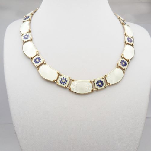 silver collarette necklace blue white enamel by david andersen - CATEGORY: ANTIQUE JEWELLERY - DATED 1950