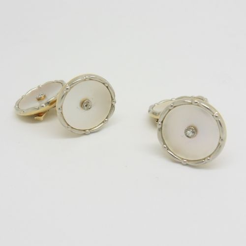 BEAUTIFUL 14CT GOLD DIAMOND AND MOTHER OF PEARL ART DECO CUFFLINKS - ADDITIONAL PHOTO 1