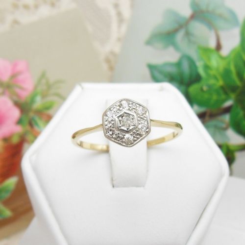 Art Deco Hexagonal Diamond Cluster Ring Tests 18ct Size Q
