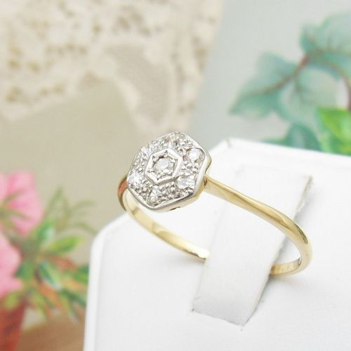 fig 1. Art Deco hexagonal diamond cluster ring tests 18ct size Q