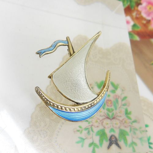 Norwegian Silver and Enamel Sailing Boat Brooch by Ivar Holth