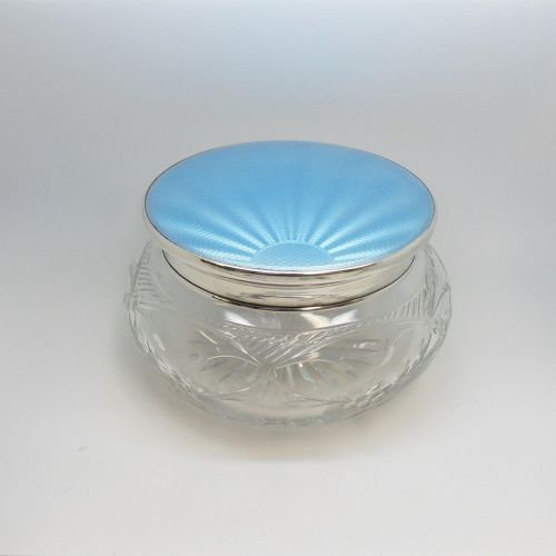 Art Deco Cut Glass Dressing Table Pot with Silver & Blue Enamel Lid