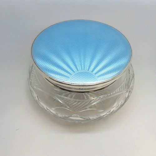 fig 1. Art deco cut glass dressing table pot with silver & blue enamel lid