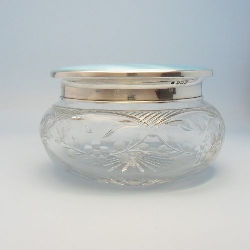 fig 2. Art deco cut glass dressing table pot with silver & blue enamel lid